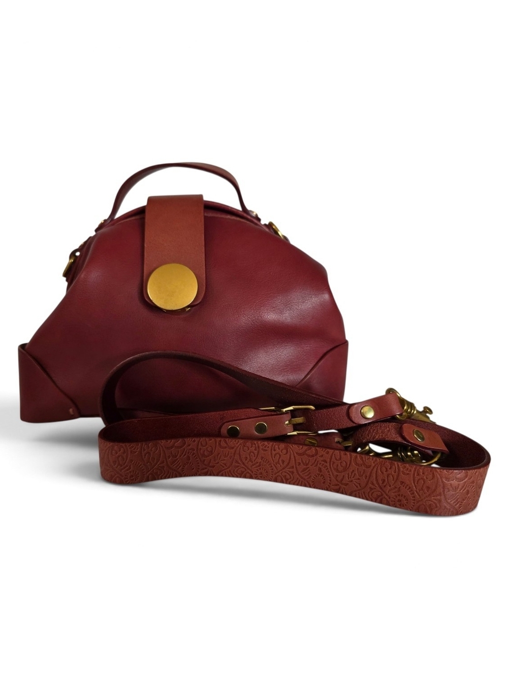 Burgundy Leather Purse with Embissed Detachable Strap